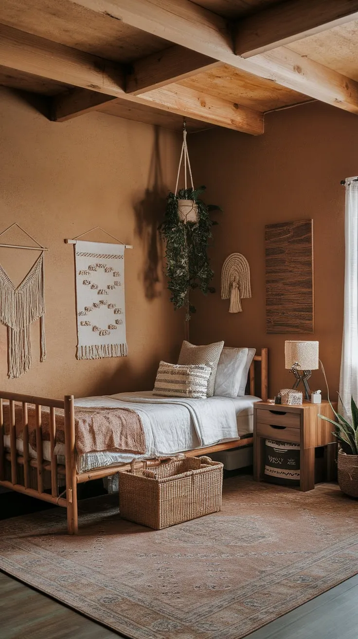 Redesign your bedroom with earthy elements like a wooden bed frame and hanging plants for a cozy dorm room vibe.