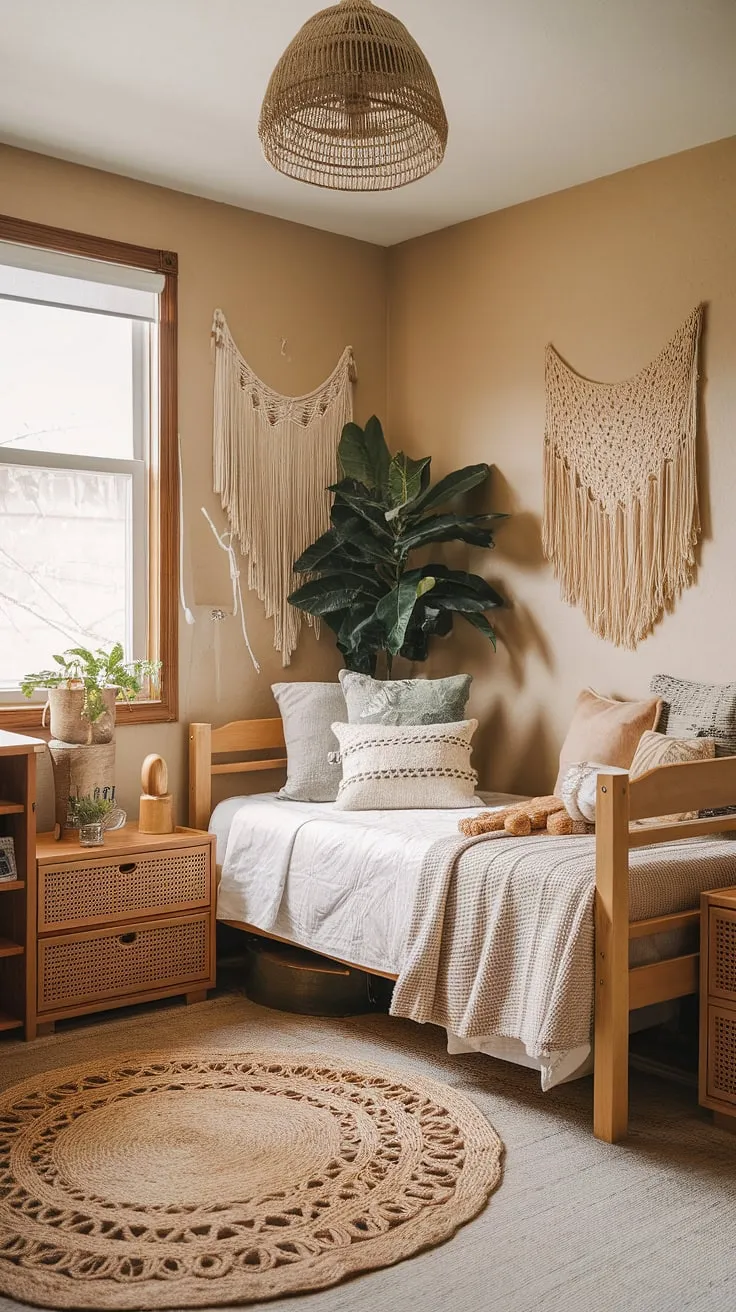 Transform your earthy dorm room into a cozy sanctuary with warm wooden furniture, a woven rug, and inviting bedroom vibes that inspire fresh decor ideas.