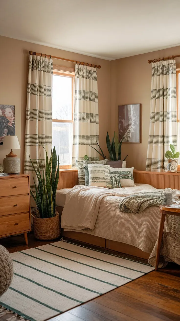 Transform your earthy dorm room into a cozy retreat with beige walls, wooden accents, and green-striped decor for the ultimate bedroom vibes.