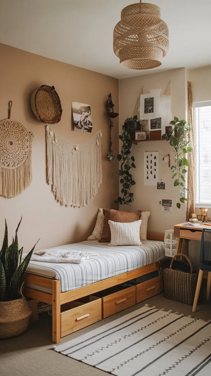 Transform your earthy dorm room into a cozy retreat with wooden accents, plants, and thoughtful decor for the ultimate bedroom vibes.