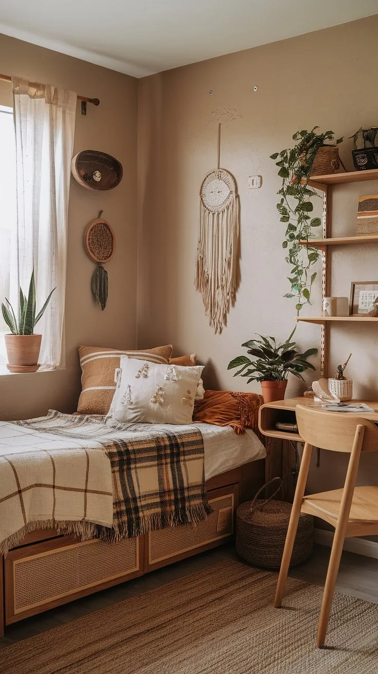 Transform your space with earthy dorm room decor that enhances cozy bedroom vibes through wooden furniture, plants, and warm textures.