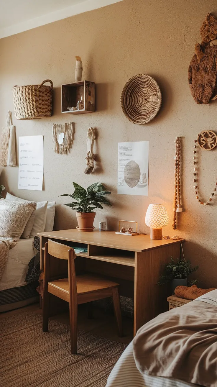 Redecorate your bedroom with earthy dorm room ideas that blend warm lighting, natural elements, and personal decor for inviting room vibes.