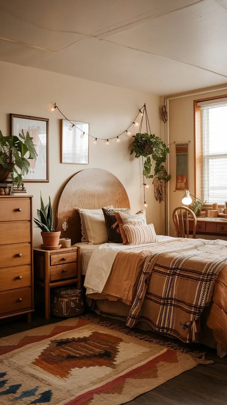 Redecorate your bedroom with earthy dorm room ideas featuring wooden accents, cozy rugs, and inviting plants for the perfect room vibes.