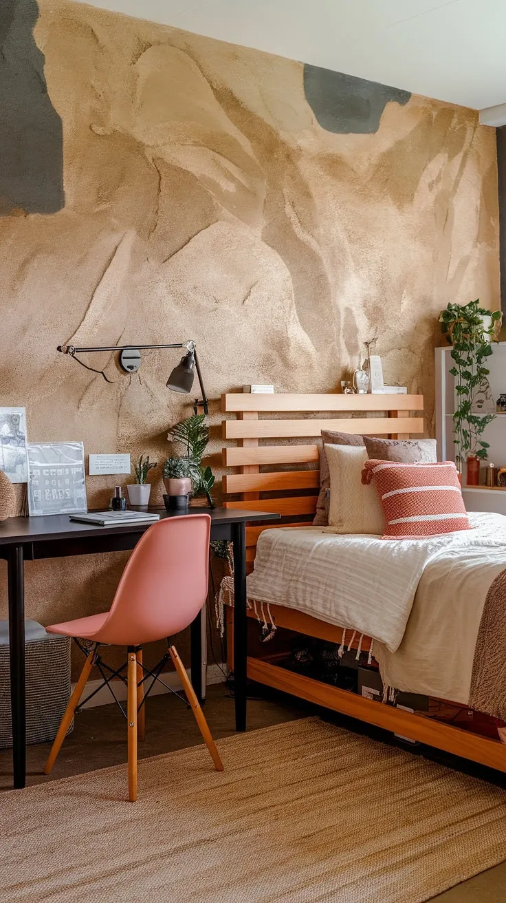 Elevate your room vibes with earthy bedroom ideas featuring a wooden bed, a chic desk setup, and personal touches for a perfect dorm room decor.