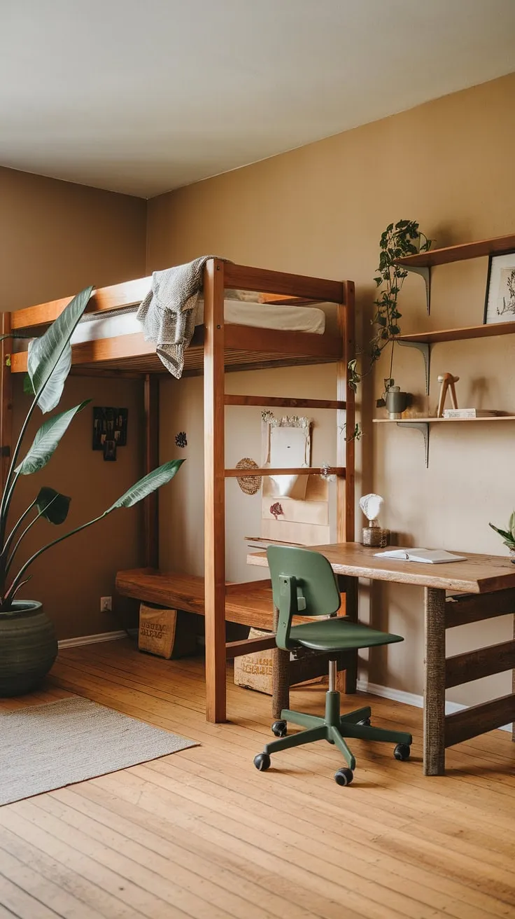 Transform your earthy dorm room into a cozy retreat with a wooden loft bed, rustic desk, and lush plants for the ultimate bedroom vibes.