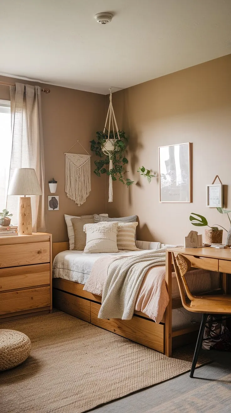 Transform your space with earthy dorm room decor that enhances bedroom vibes through a wooden bed frame, soft beige walls, and hanging plants for a cozy room redesign.