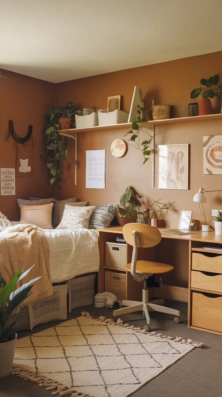 Transform your space with earthy dorm room decor that enhances bedroom vibes through warm hues, wooden furniture, and lush plants for a cozy room redesign.