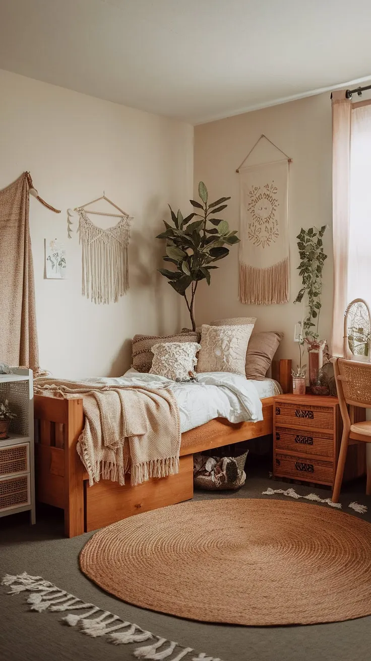 Transform your space with earthy dorm room decor featuring a wooden bed frame, woven rug, and soft lighting for the ultimate bedroom vibes.