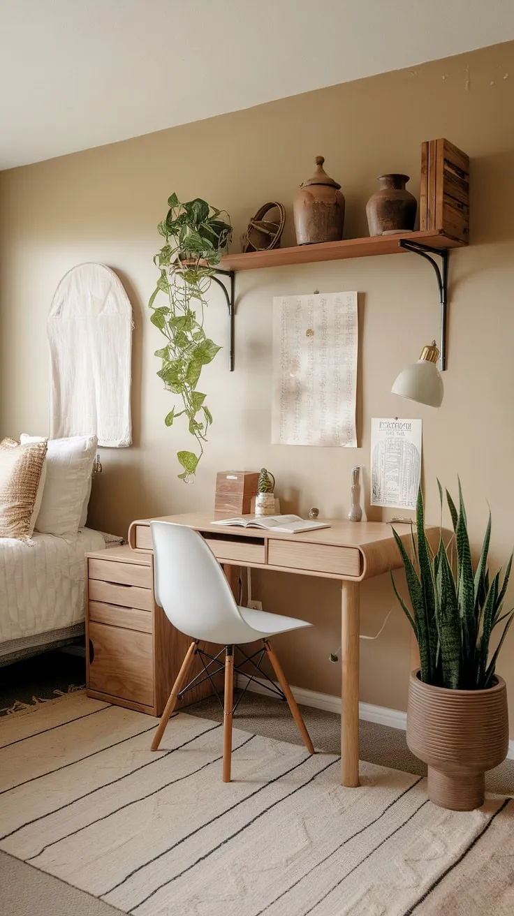 Redesign your bedroom with earthy elements like a wooden desk and green plants to create warm and inviting room vibes.