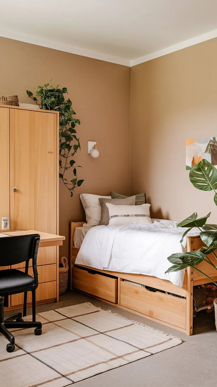 Redesign your bedroom with earthy tones, a wooden bed, and greenery to create inviting dorm room decor that elevates your overall bedroom vibes.