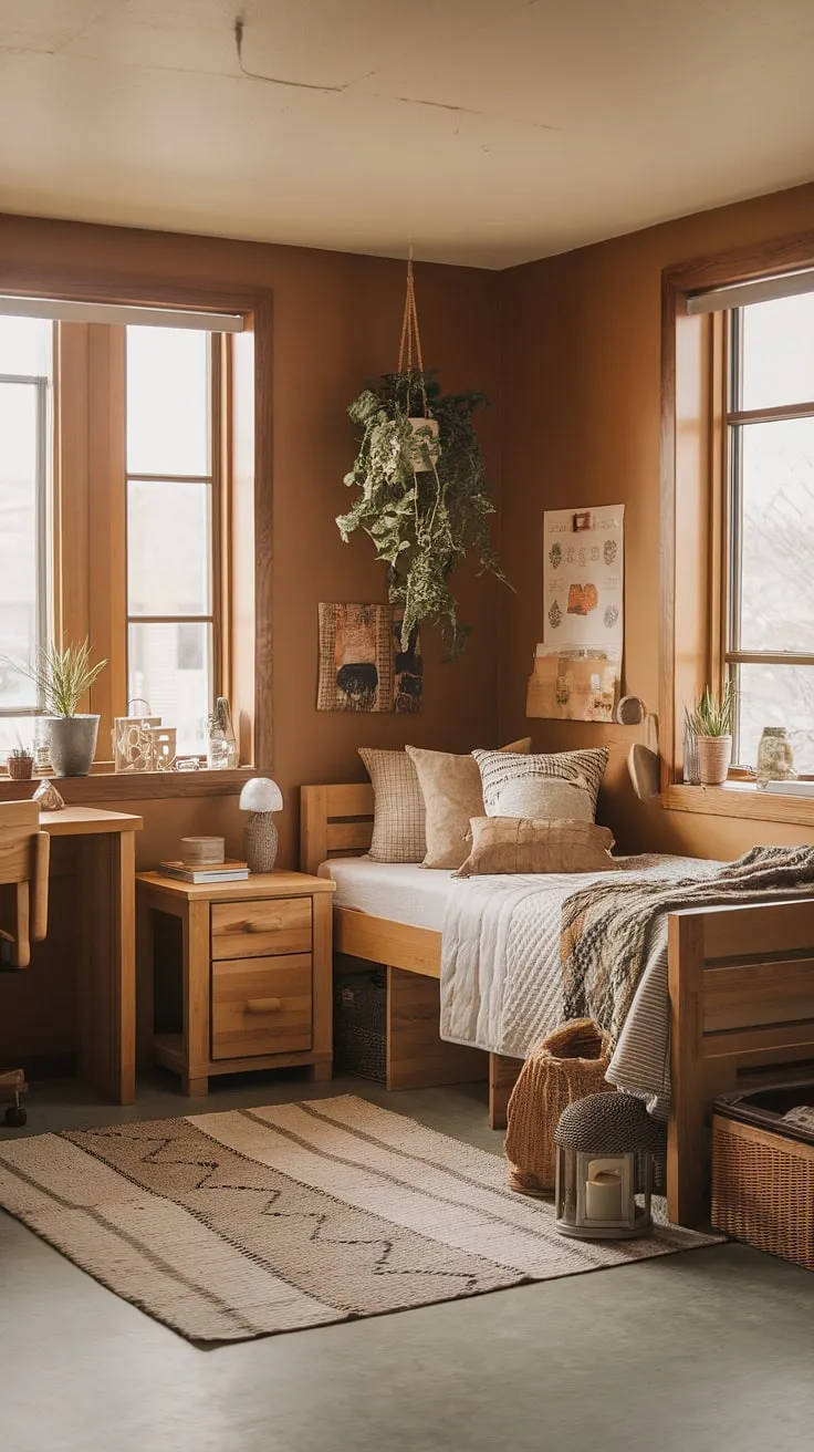 Create inviting bedroom ideas with an earthy bedroom featuring wooden elements, a calming color palette, and decorative touches that elevate your dorm room vibes.