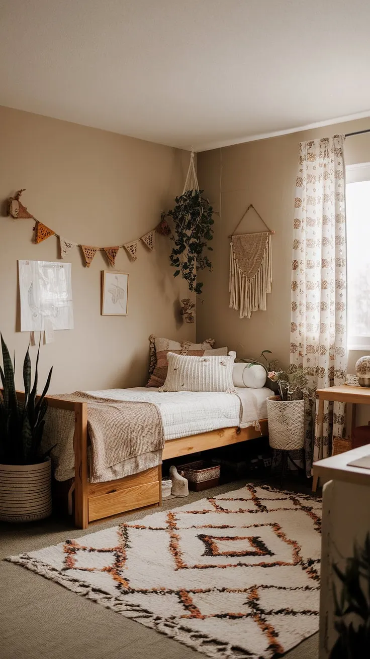 Transform your space with earthy dorm room decor featuring a wooden bed frame, calming beige walls, and natural elements for the ultimate bedroom vibes.