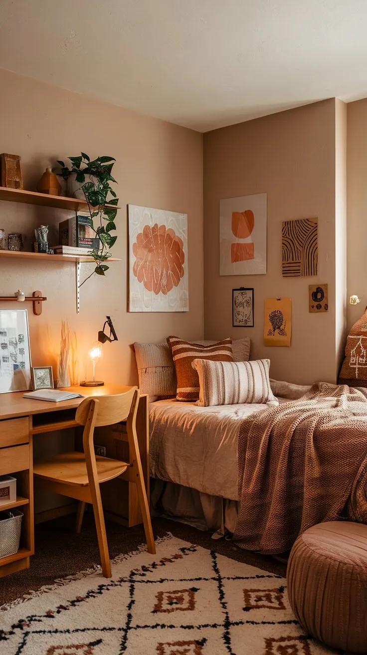 Redesign your bedroom with earthy tones, a plush blanket, and warm lighting to create inviting dorm room decor that enhances your bedroom vibes.