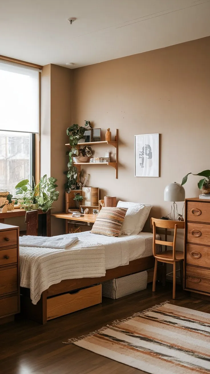 Transform your space with earthy dorm room decor featuring a wooden bed, beige walls, and a touch of greenery for the ultimate bedroom vibes.