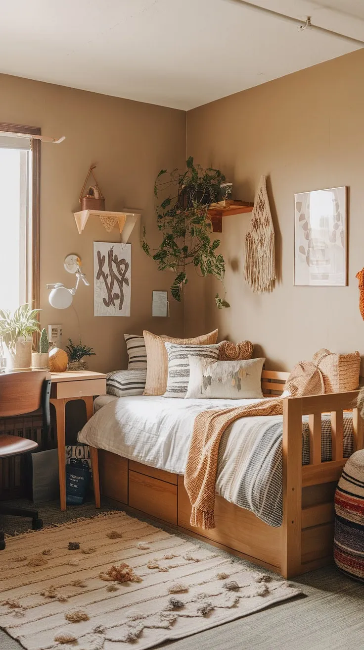 Transform your earthy dorm room into a cozy sanctuary with warm beige walls, a wooden bed frame, and thoughtful decor that enhances your bedroom vibes.