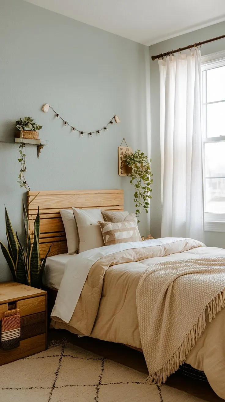 Transform your space with earthy dorm room decor featuring a beige comforter, wooden accents, and plants for the ultimate bedroom vibes.