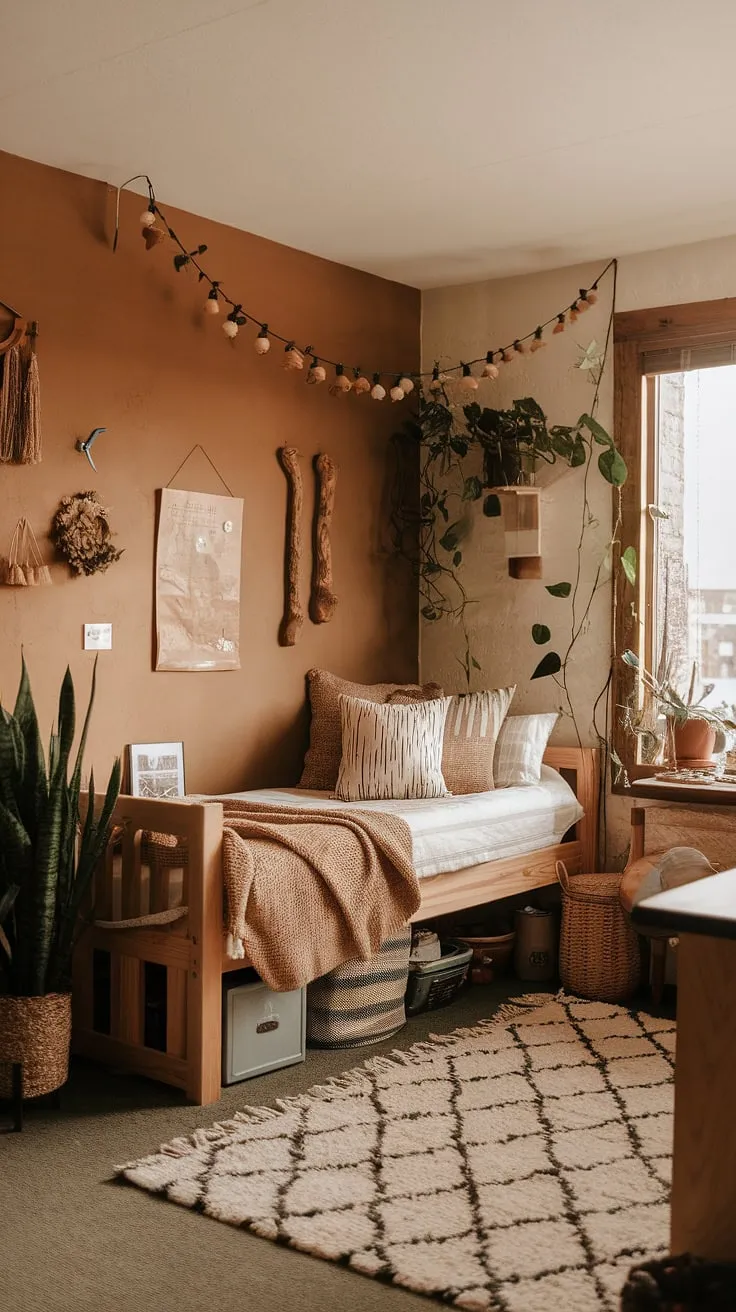 Transform your space with earthy dorm room decor featuring a rustic wooden bed frame, plants, and warm colors for the ultimate bedroom vibes.