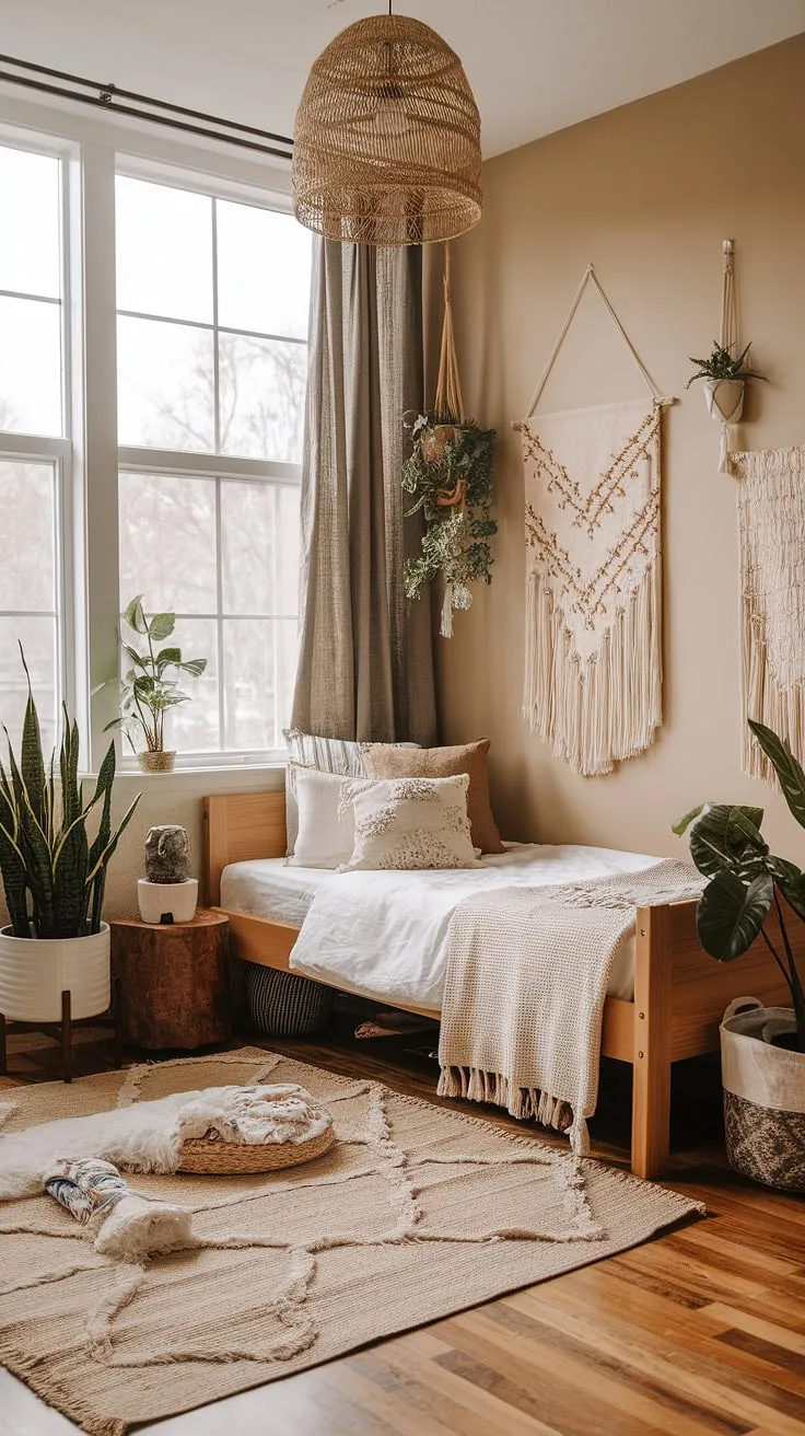 Redesign your bedroom with earthy decor, featuring a wooden bed, potted plants, and warm tones to elevate your dorm room vibes.