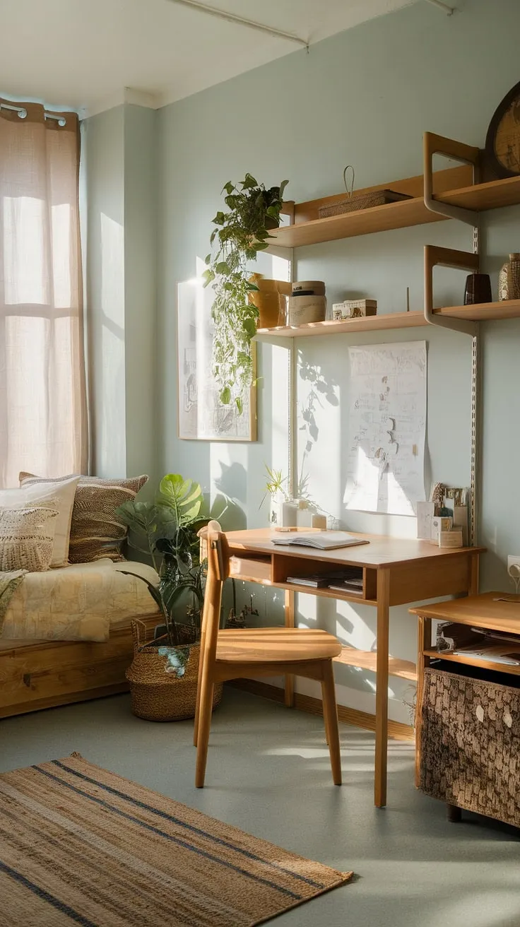 Transform your earthy dorm room into a cozy retreat with natural light, wooden decor, and vibrant plants for the ultimate bedroom vibes.