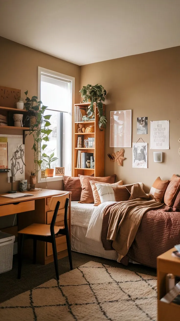 Transform your space with earthy dorm room decor that enhances bedroom vibes through cozy elements like a wooden desk, soft rug, and plants for a refreshing room redesign.