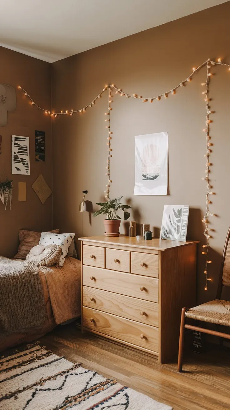 Elevate your bedroom decor with earthy tones and thoughtful details for a dorm room that radiates comfort and unique room vibes.