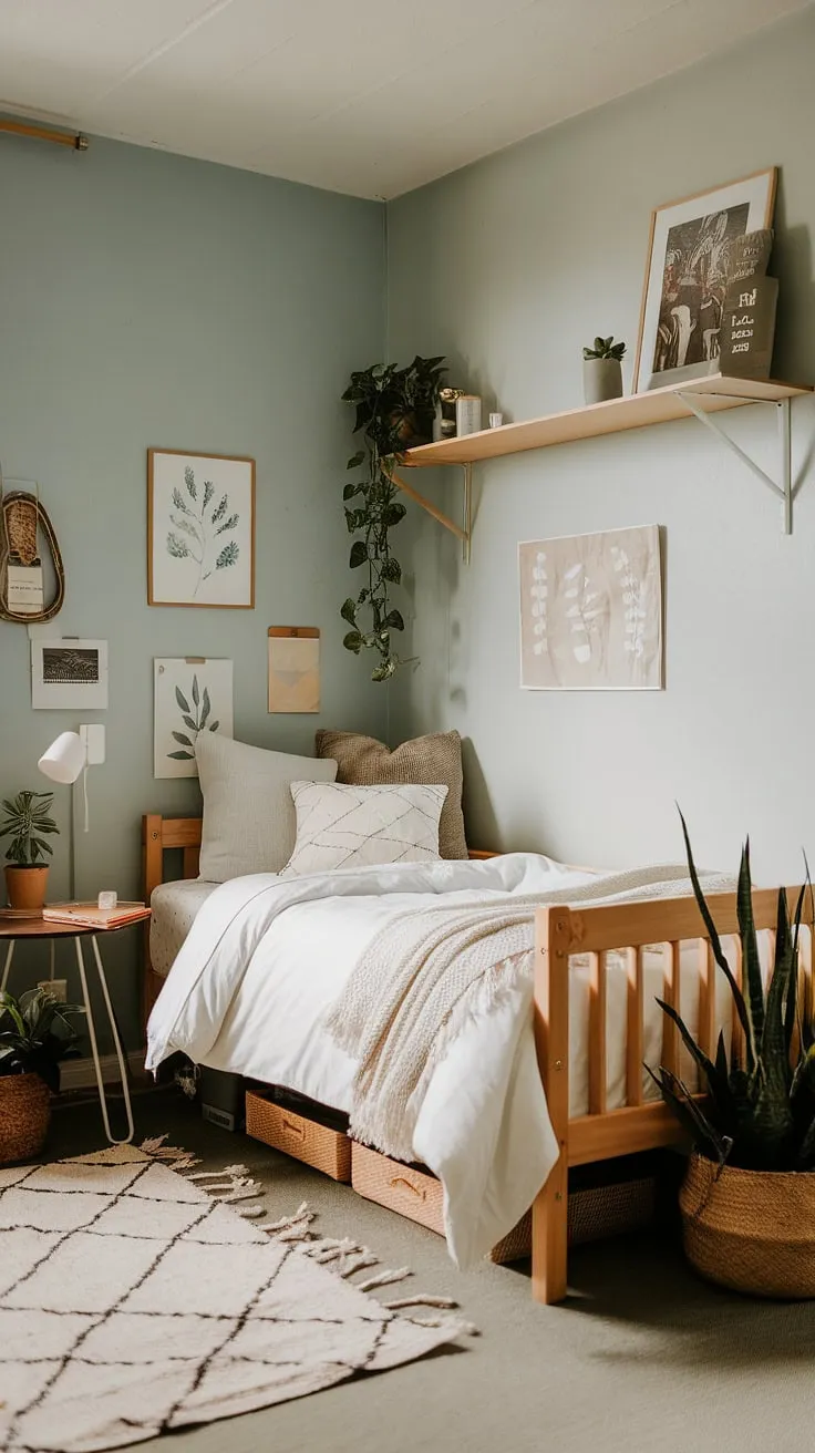 Transform your space with earthy dorm room decor featuring a wooden bed frame, light blue walls, and calming plants for the ultimate bedroom vibes.