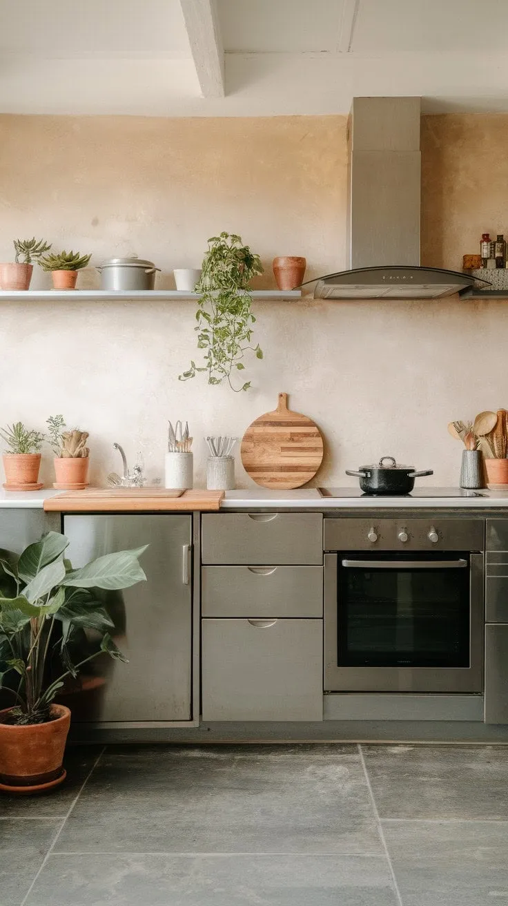 This serene kitchen harmoniously blends clean lines and natural elements, featuring a neutral palette that highlights rich wood and stainless steel, complemented by vibrant plants for an inviting touch.