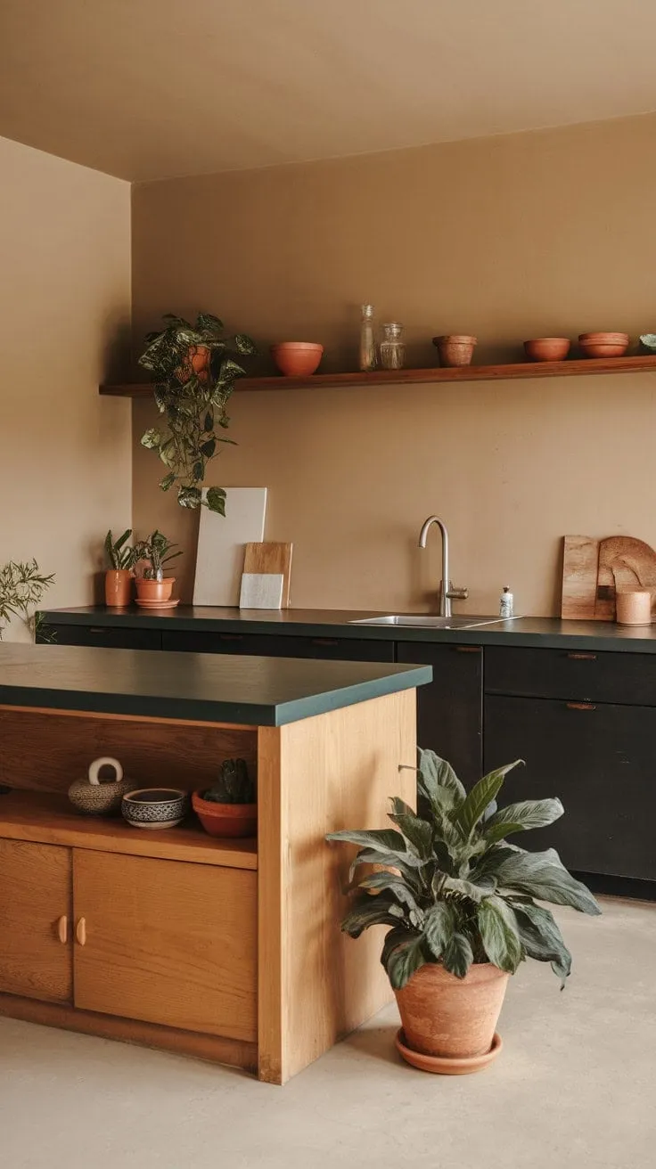 This minimalist kitchen harmoniously blends earthy tones and modern design, featuring sleek black cabinets and a warm wood island topped with a vibrant green countertop, creating a functional yet elegant space enriched by potted plants.