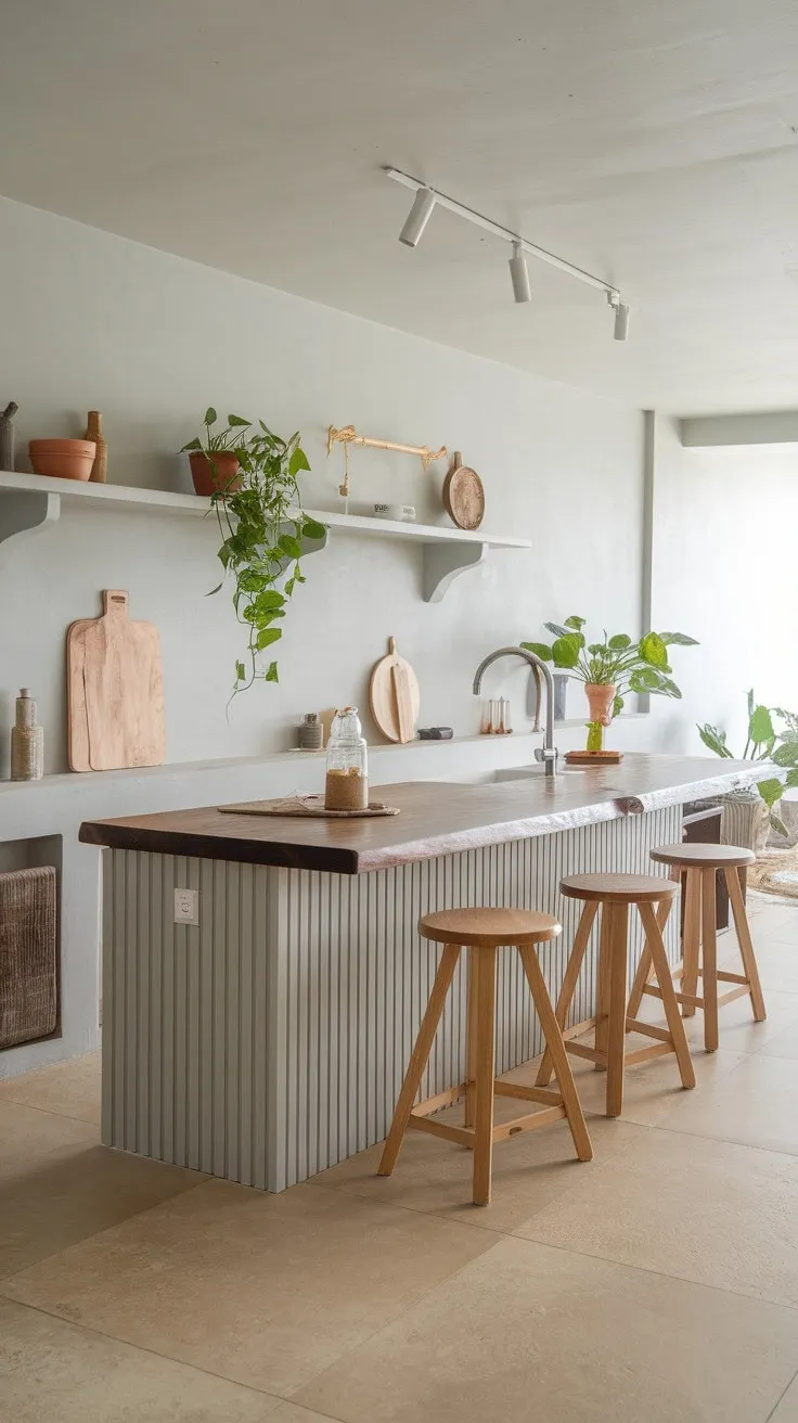 A serene minimalist kitchen with light-grey walls and warm wood invites calmness, enhanced by a curated shelf that adds a personal touch.