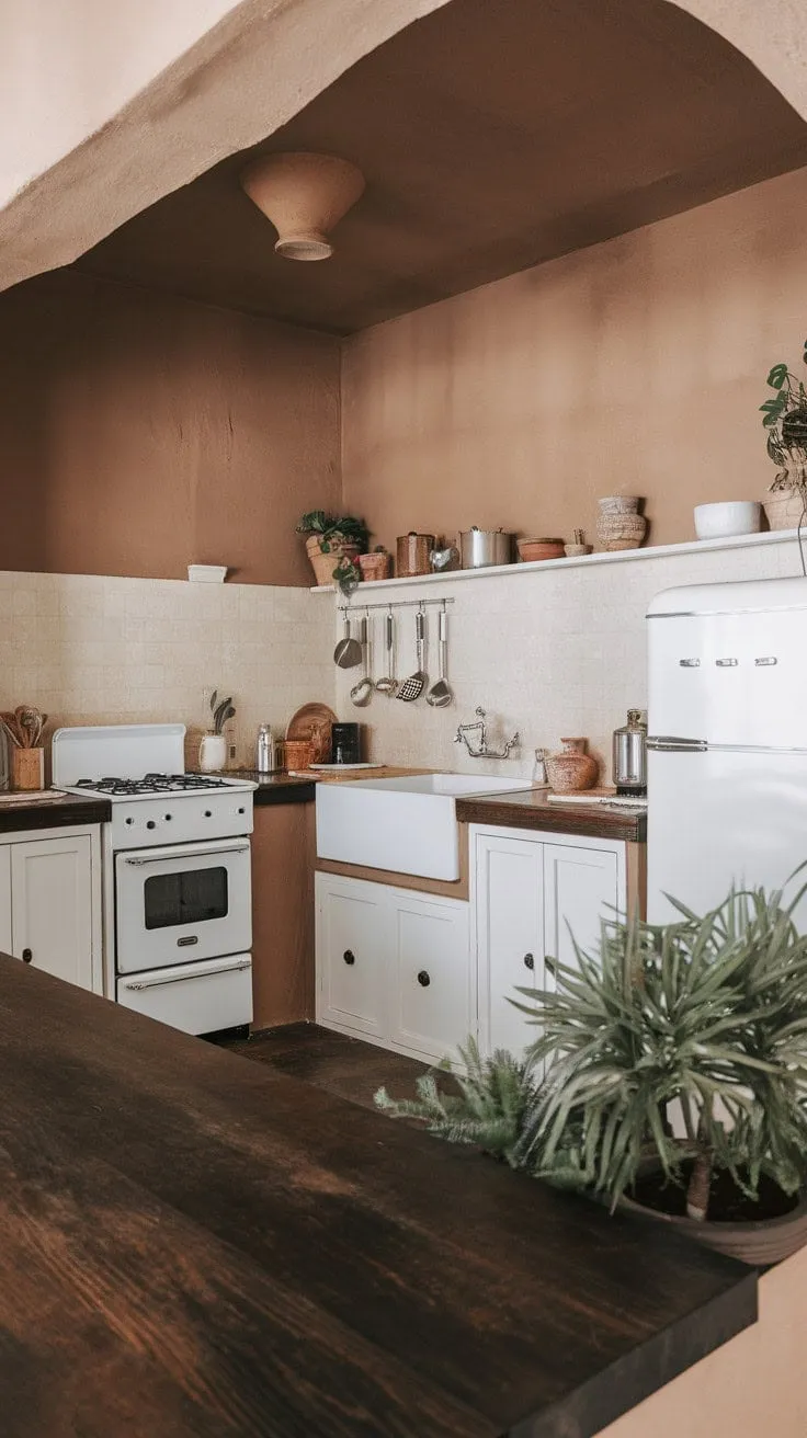 This minimalist kitchen elegantly balances clean lines and natural textures, featuring a beige backsplash and dark flooring that anchor the airy space enhanced by white appliances.