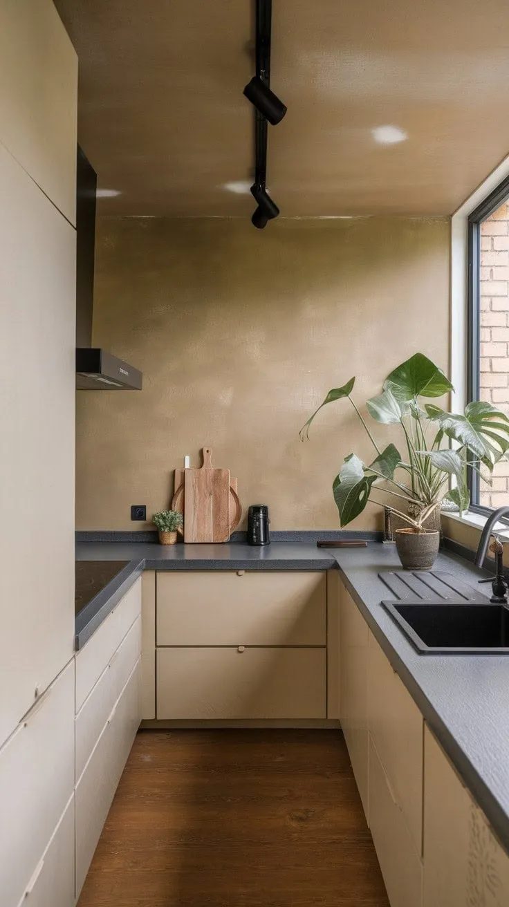 This effortlessly chic kitchen harmoniously blends minimalist design and earthy tones, featuring a sophisticated contrast of grey, white, and black, all while exuding tranquility through warm wood and touches of green.