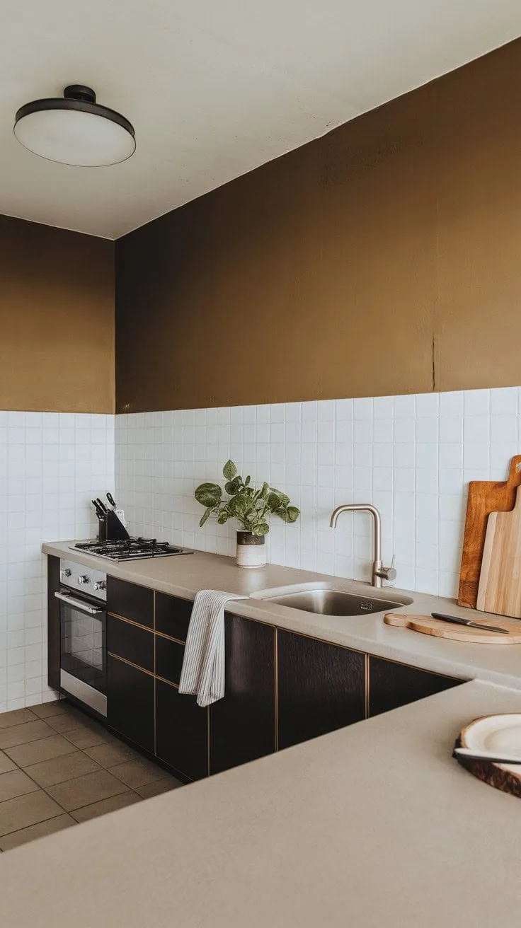 This serene minimalist kitchen, with its warm earthy tones and sleek contrasts, serves as a calming sanctuary for culinary creativity, enlivened by a touch of greenery.
