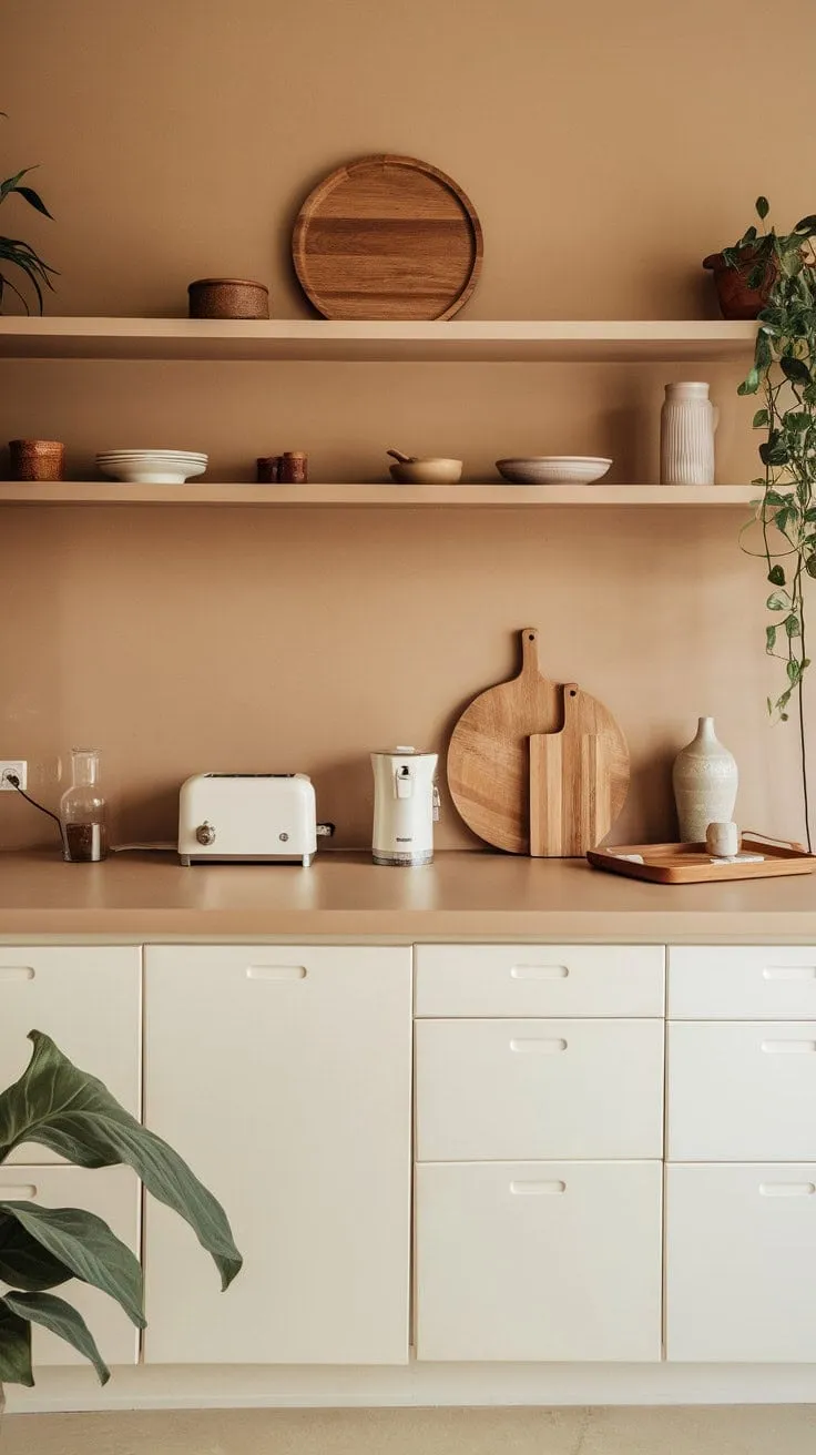 This kitchen blends clean lines and natural textures, creating an effortlessly chic sanctuary for culinary creativity with its neutral palette and vibrant greenery.