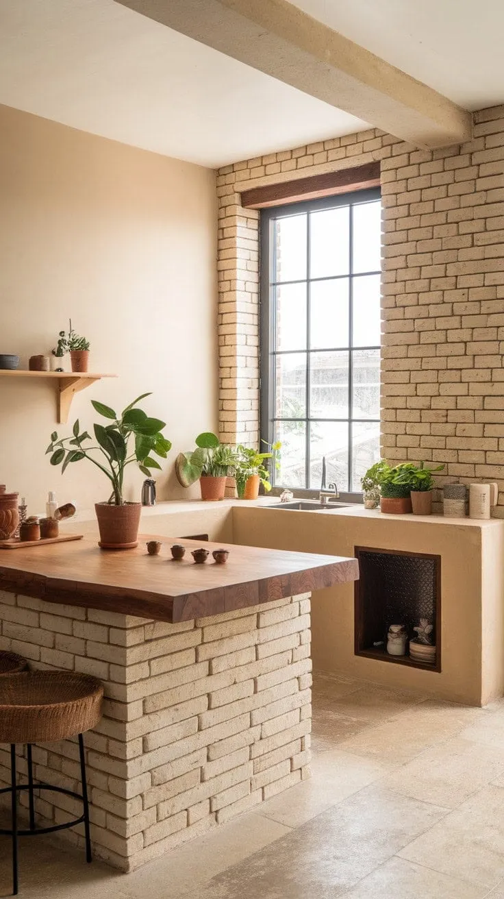 Bathed in sunlight, this minimalist kitchen harmoniously blends rich textures and earthy tones, creating a serene sanctuary for mindful cooking and understated luxury.