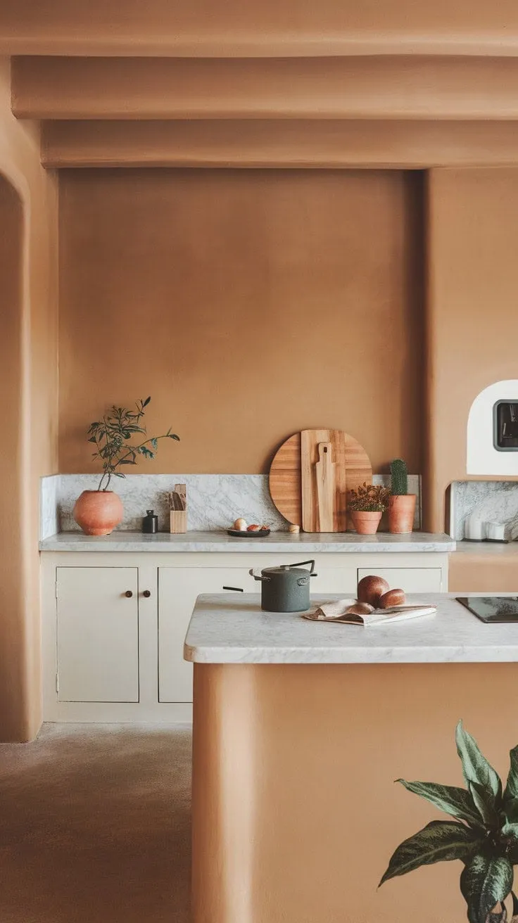 This minimalist kitchen harmoniously blends earthy cabinetry with a sleek marble countertop, creating an inviting yet chic space that embodies warmth and functionality.