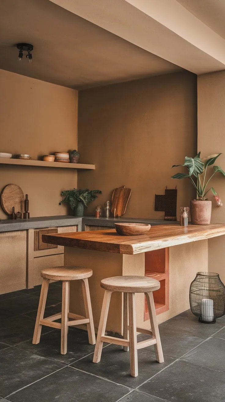 This modern kitchen harmoniously combines minimalist design with warm natural materials, creating an inviting atmosphere of understated elegance.