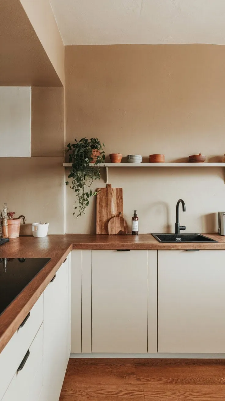 This kitchen blends earthy tones and minimalist design to create a tranquil yet sophisticated haven for culinary creativity.