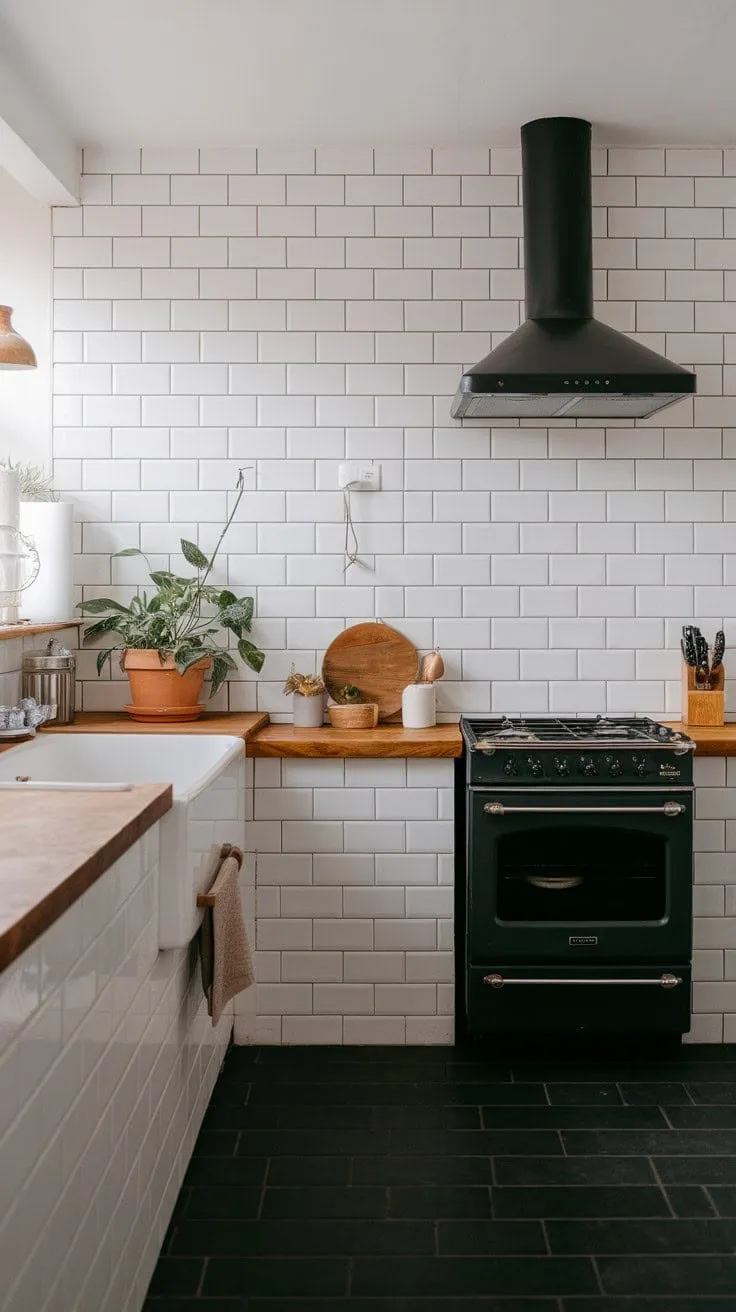 This minimalist kitchen harmoniously fuses modern elegance with earthy warmth, featuring clean lines, a dark grey floor, and a lively plant that adds a cozy touch.