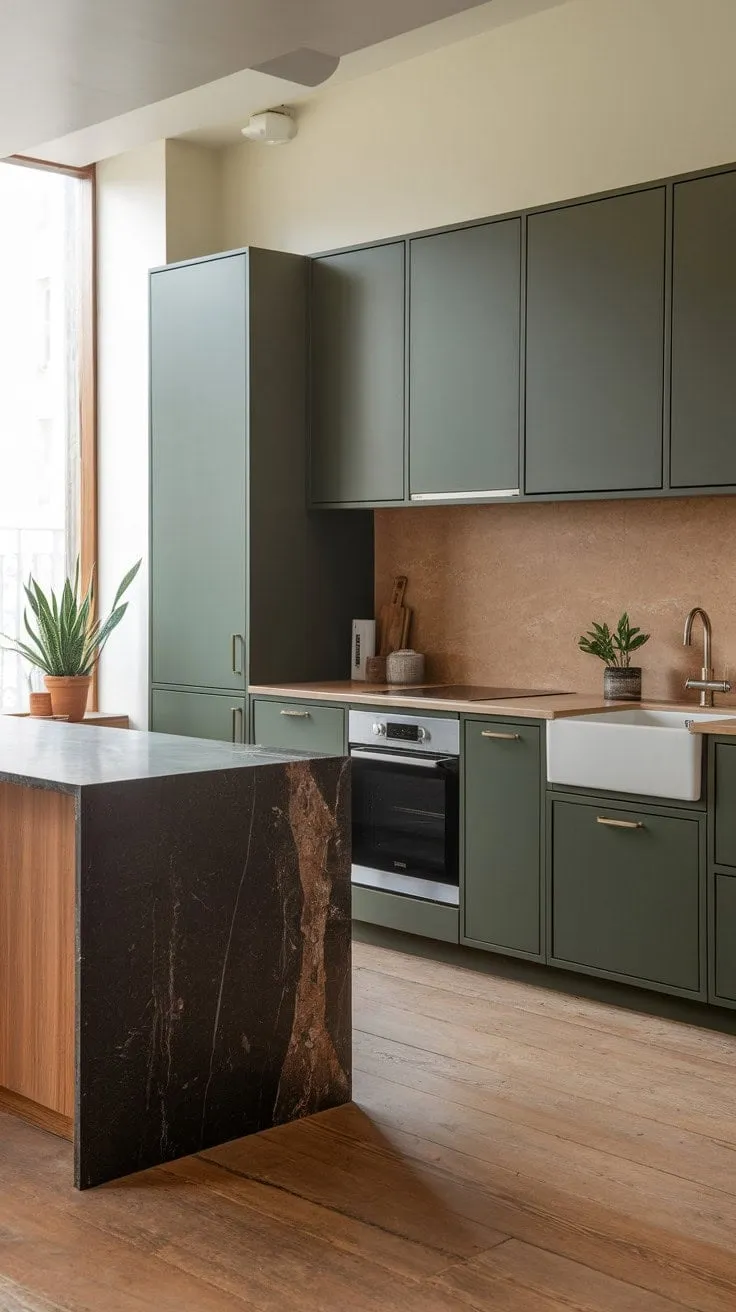 This kitchen blends rich green hues and natural stone accents to create a serene sanctuary of calm, where functionality meets refined elegance.
