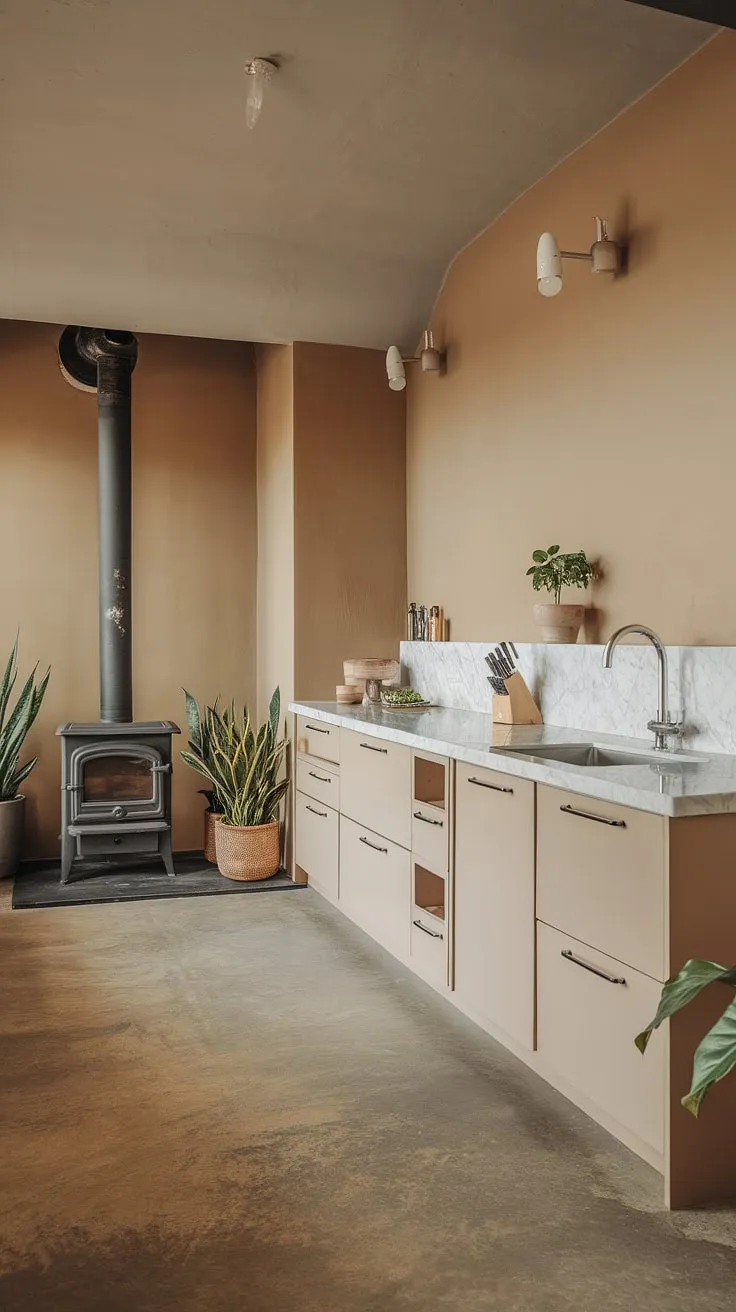 With its earthy palette and sleek features, this modern minimalist kitchen exemplifies the latest kitchen design trends, offering a perfect blend of style and inspiration.