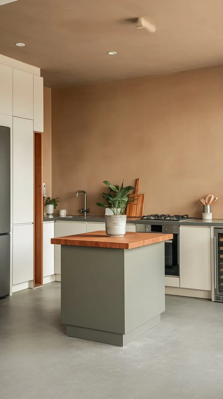 This trendy kitchen showcases modern minimalist design with earthy tones, featuring a beige backsplash, grey island, and minimalist decor for inspiring kitchen design trends.
