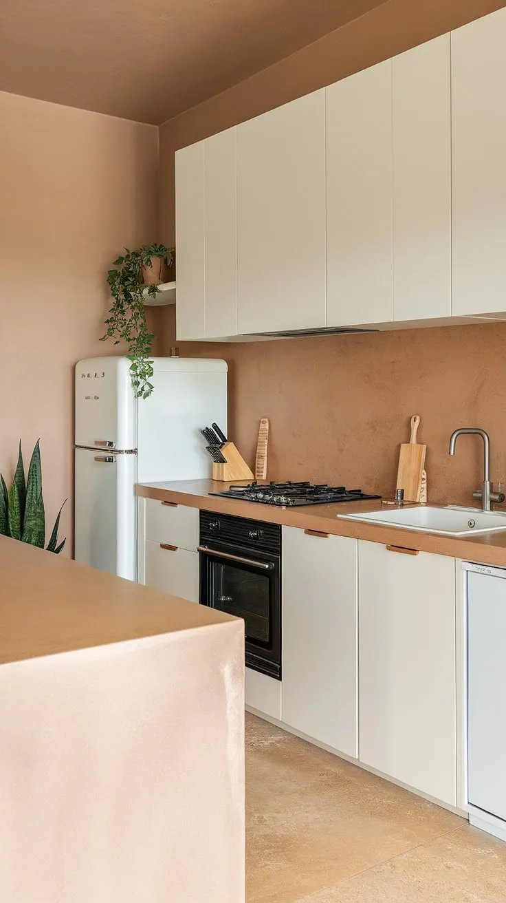 The earthy kitchen blends minimalist decor with contemporary design trends, highlighted by beige tiles and sleek white appliances for a stylish yet functional space.