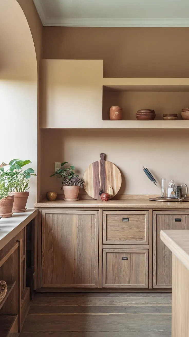 This trendy kitchen showcases a modern minimalist design with earthy tones, featuring a beige and wooden palette, minimalist decor, and natural elements for inspiring kitchen design trends.