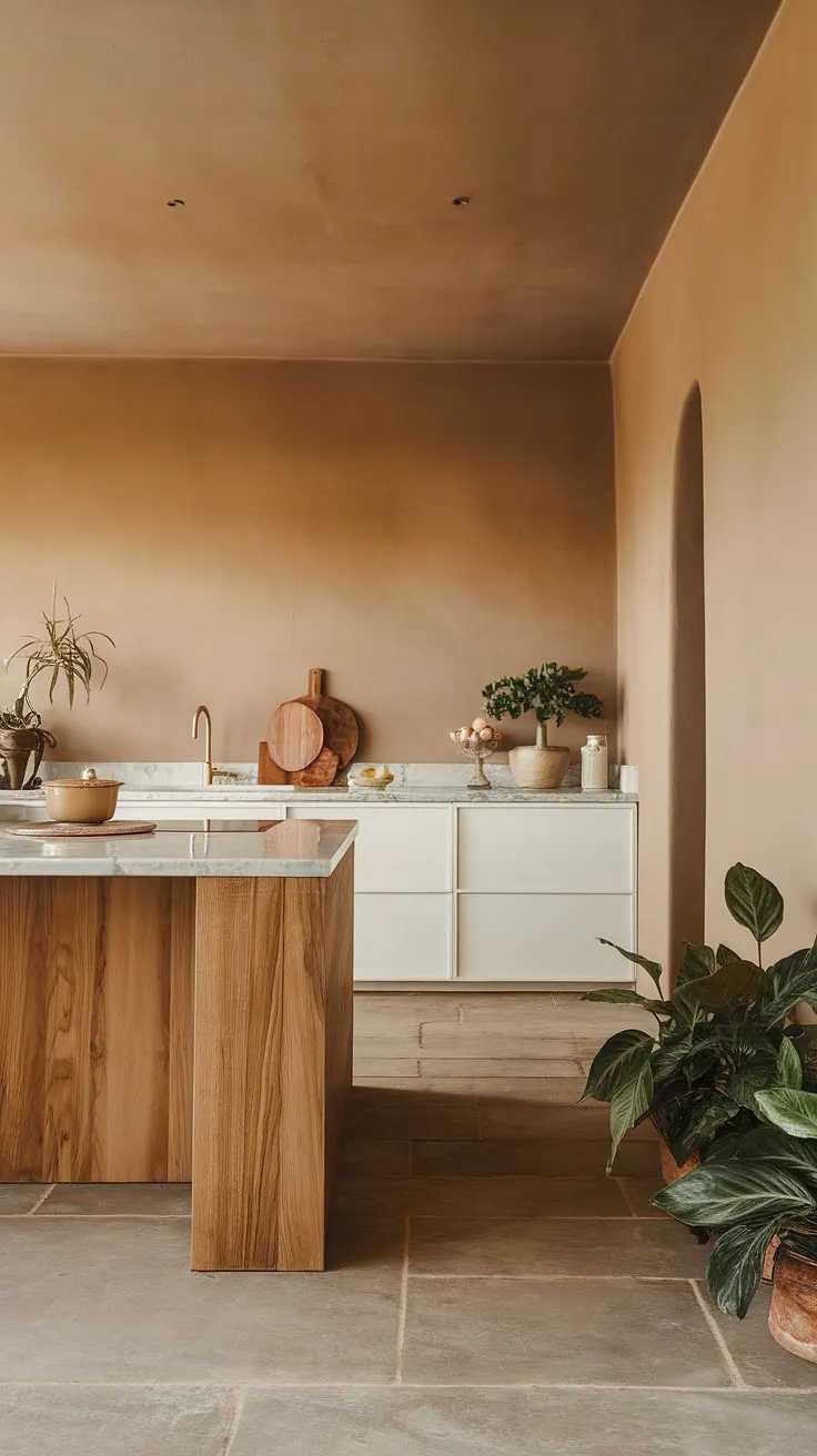 This trendy kitchen showcases a modern minimalist design with an earthy color palette, featuring a wooden island, marble countertop, and potted plants for a touch of greenery.