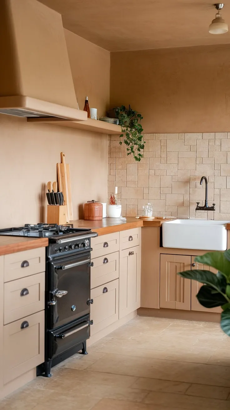 This trendy kitchen showcases a modern minimalist design with earthy tones, featuring beige cabinets, a wooden countertop, and a touch of greenery for inspiring minimalist decor.