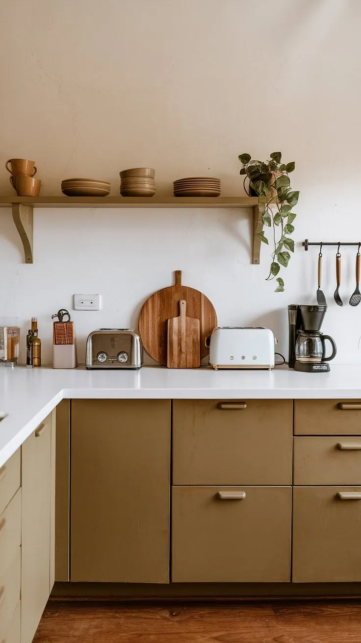 This trendy kitchen showcases a modern minimalist design with an earthy color palette, featuring a white countertop, wooden accents, and minimalist decor for inspiring kitchen design trends.
