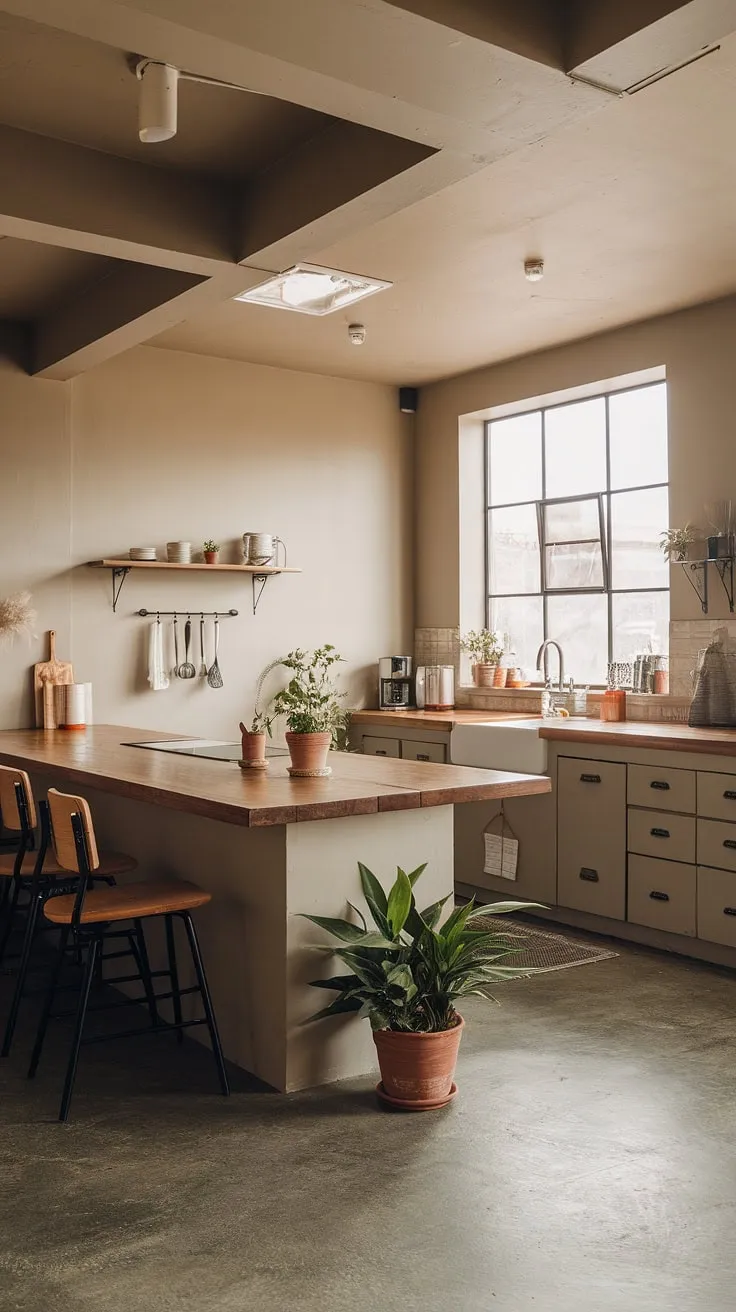 Featuring a long wooden countertop and natural light, this earthy kitchen exemplifies the latest in minimalist kitchen design, perfect for those seeking stylish kitchen inspiration.