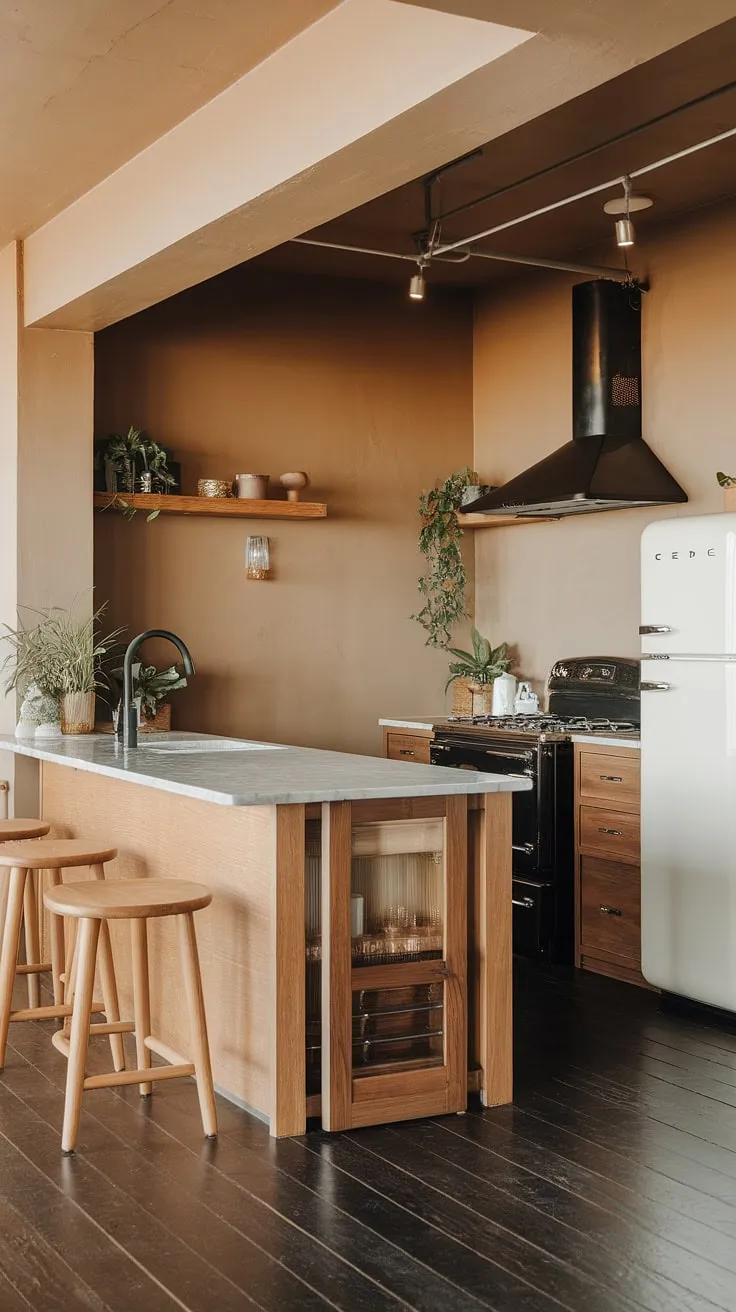 The earthy kitchen blends modern minimalist elements with a wooden island and marble accents, creating a stylish and inviting space that reflects current kitchen design trends.