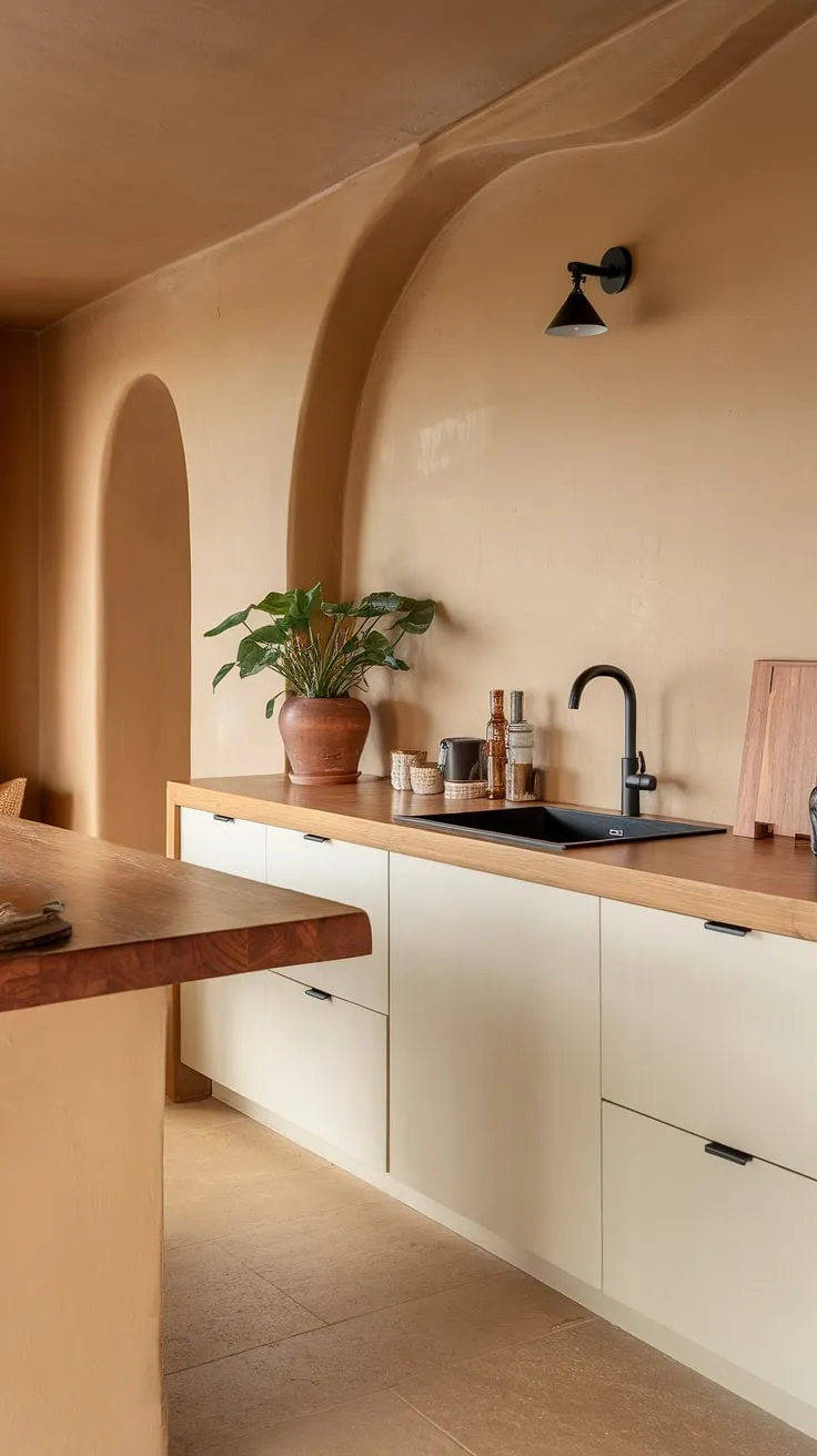 This trendy kitchen showcases a modern minimalist design with earthy tones, featuring a wooden countertop, white cabinets, and a potted plant for inspiring minimalist decor.