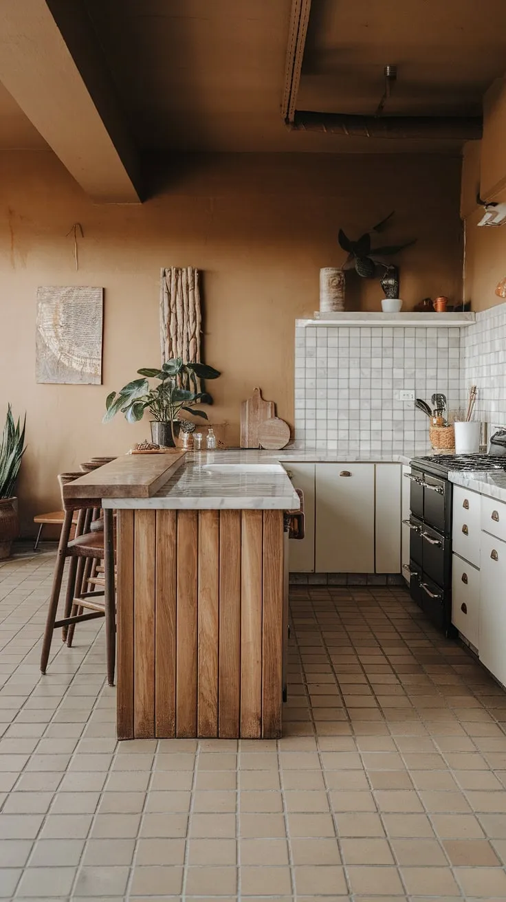 Featuring a stylish blend of earthy elements and minimalist decor, this trendy kitchen exemplifies modern kitchen design trends with its wooden island and bright ambiance.